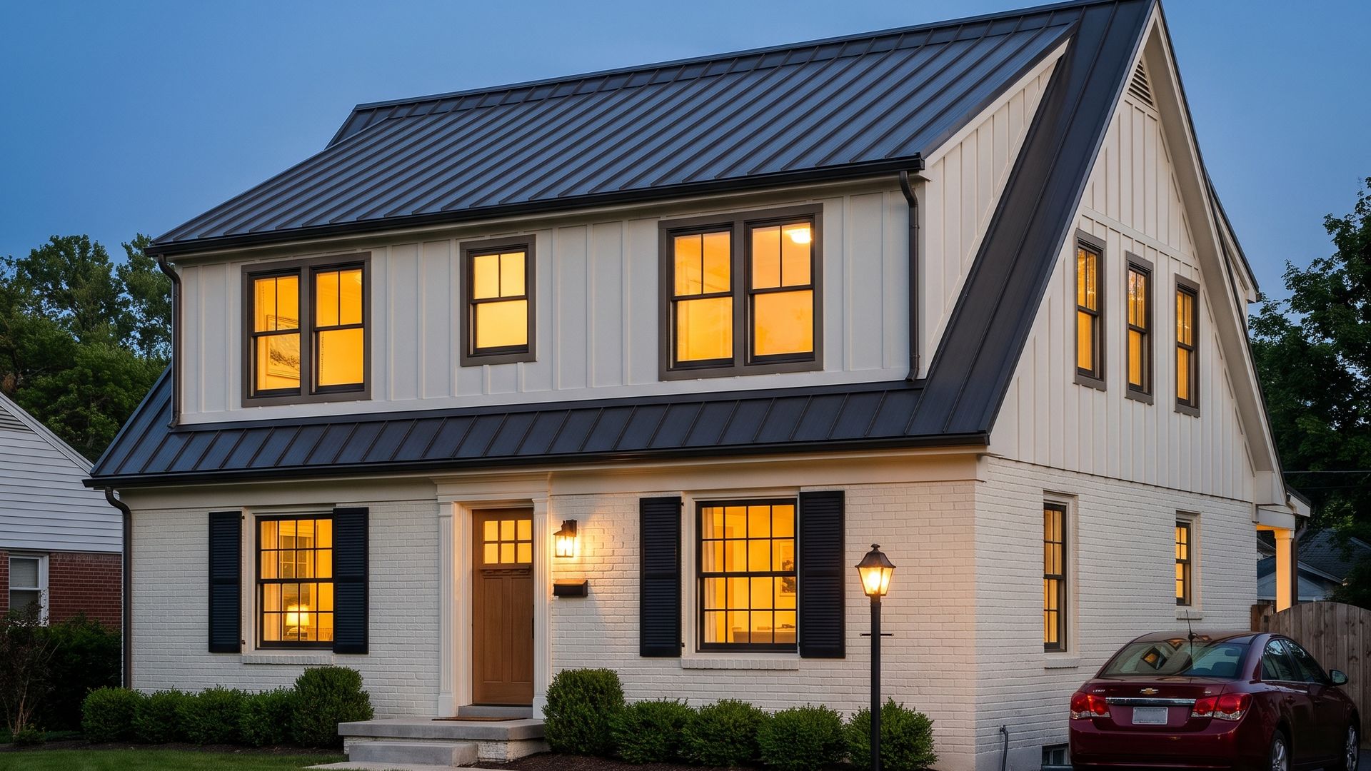The finished two-story house at dusk: painted brick first floor, board-and-batten second story, standing-seam metal roof, every window lit.