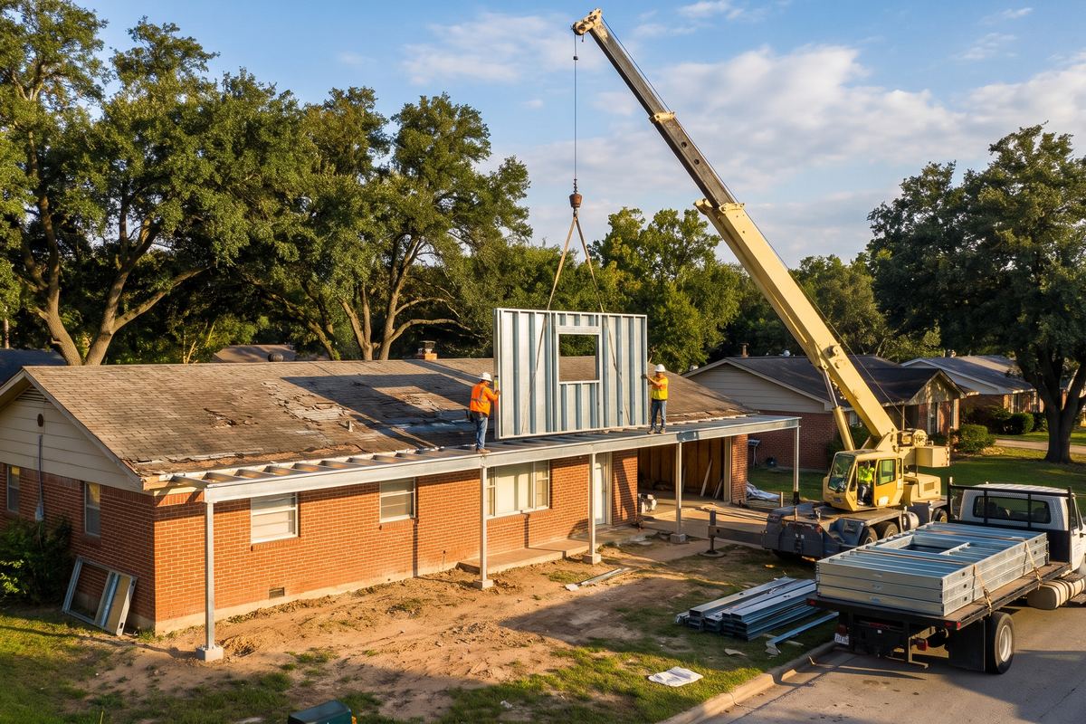 A crane sets a prefabricated steel wall panel onto the perimeter beam above the existing roof of a brick ranch house.