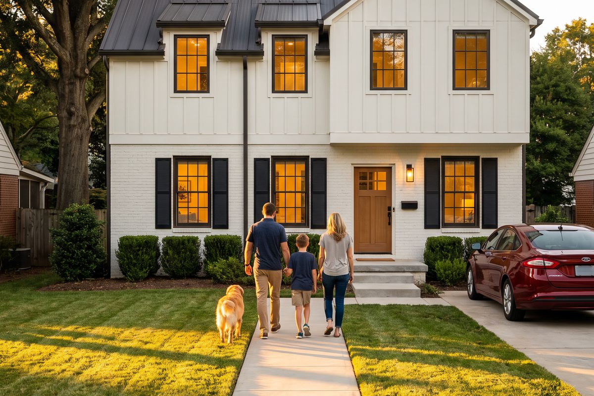 A family walks up to the finished two-story house at golden hour.