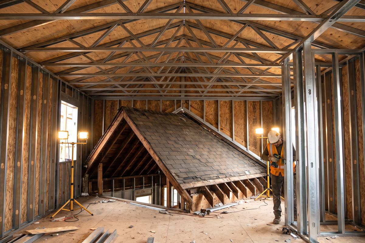 Inside the dried-in steel shell, the original shingle roof still sits under the new steel trusses.